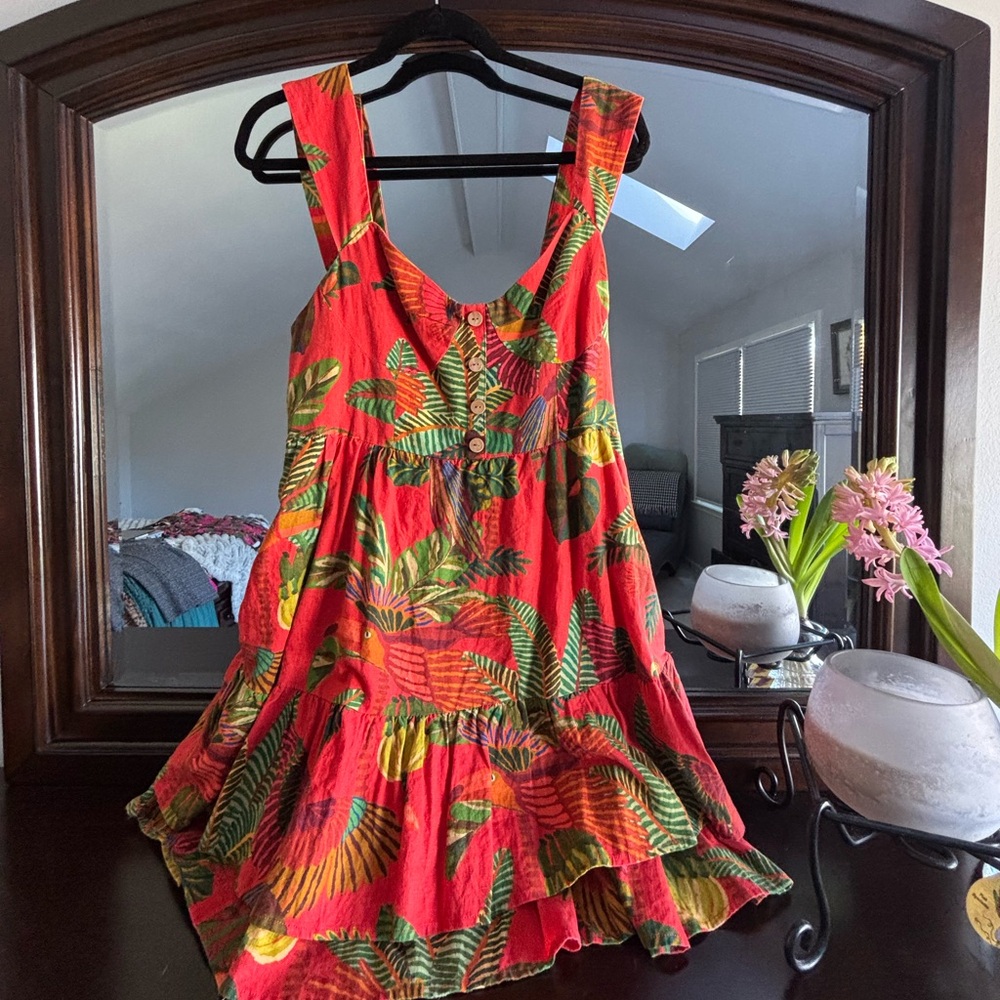Farm Rio Red Forest Birds Mini BABYDOLL Dress size Large